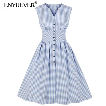 

Enyuever Plus Size Plaid Dress Women Tunic High Waist Swing Robe Vintage Button Elegant Casual Dress Summer Streetwear Vestidos