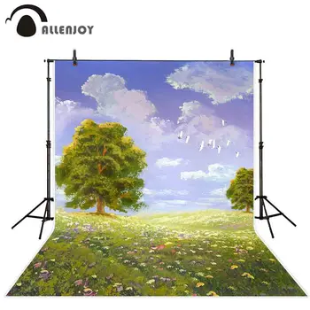 

Allenjoy photography background Spring painting sky tree flowers green grass view backdrop photocall photophone photo studio