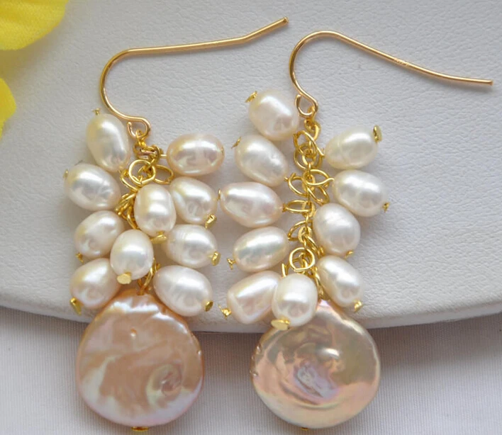 

hj 00298 14MM PINK COIN RICE FRESHWATER PEARL DANGLE EARRING 14K