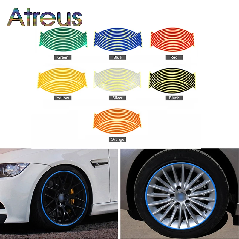 

Atreus 16pcs Car Wheel Stickers Decals 14" Reflective Rim Tape For Mercedes W203 BMW E39 E36 E90 F30 F10 Volvo XC60 Audi A6 c5