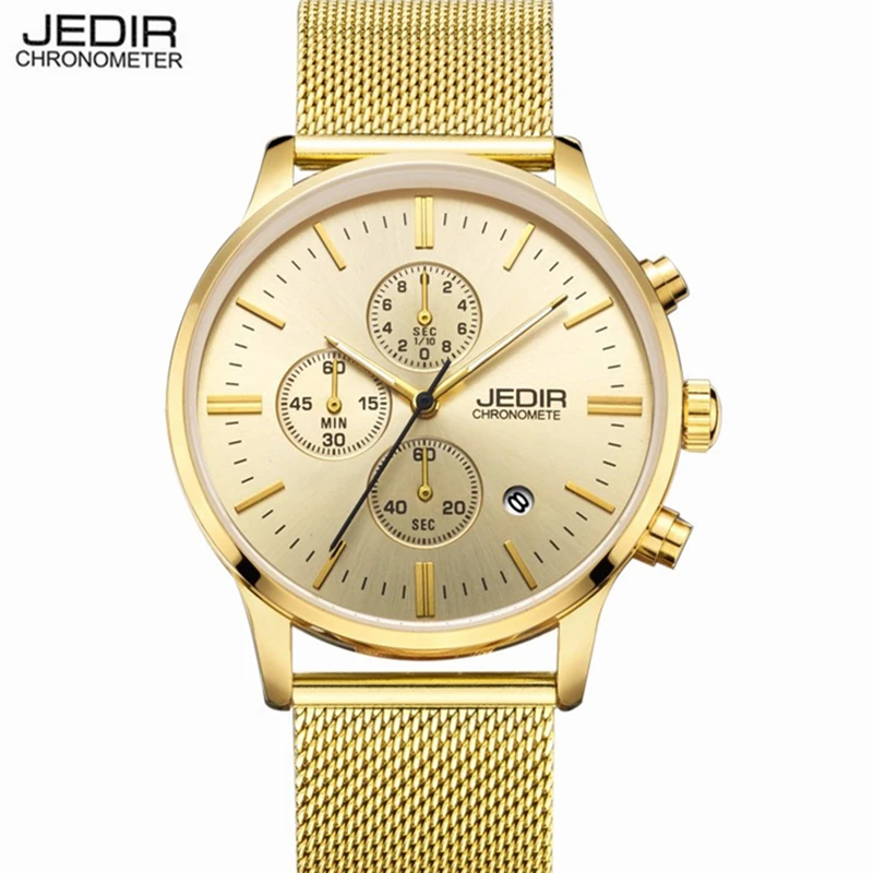 JEDIR Men Watches Gold Wrist Watch Chronos Quartz Wristwatches Sport Military Male Clock Mesh Strap Relogio Masculino clear