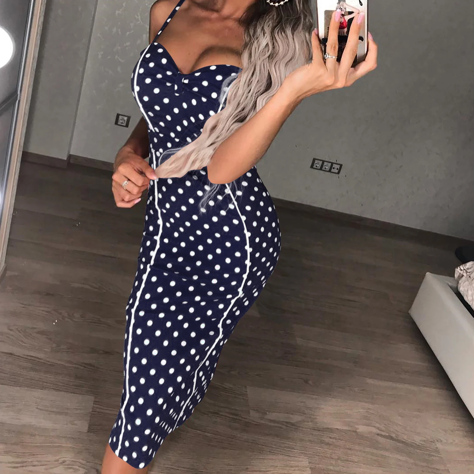 

Skinny Bodycon Hip Party Dress Clubwear Plus Size Women Spring Summer Dot Dress Office Lady Femme Spaghetti Strap Sexy M0579