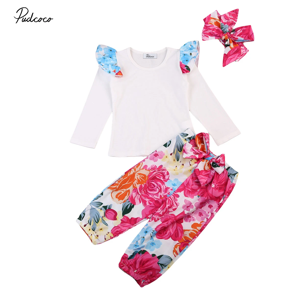 Pudcoco/милый комплект из 3 предметов, футболка с длинными рукавами для новорожденных девочек + штаны с цветочным принтом, одежда для детей от 0