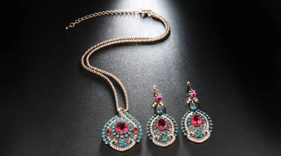 2 шт./лот, винтажные Свадебные Ювелирные наборы, этнический античный золотой розовый камень, синий кристалл, ожерелье, серьги для женщин, турецкие ювелирные изделия