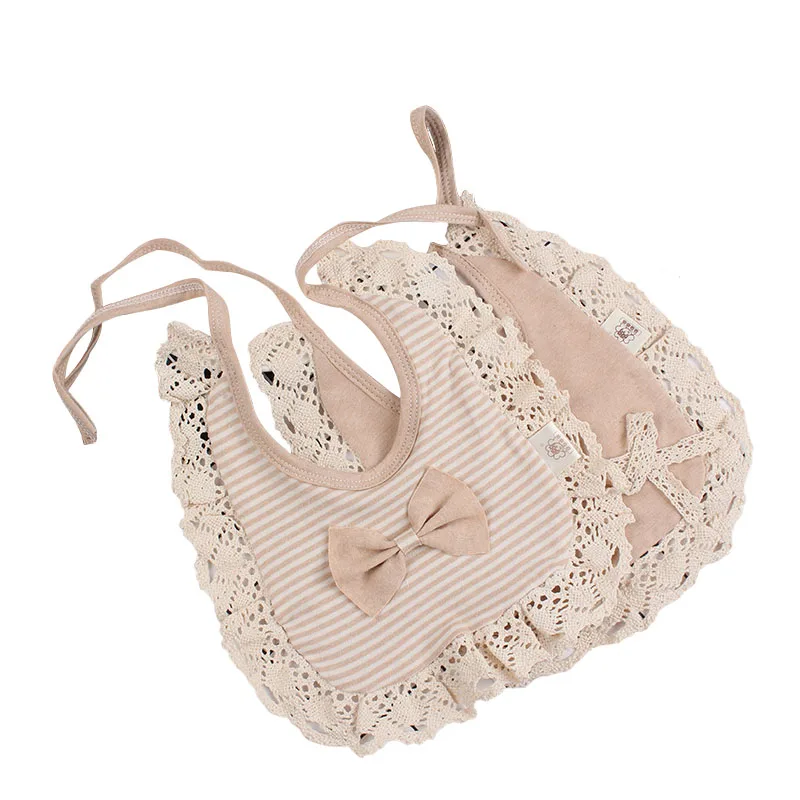 

Oval Lace Baby Girl Bibs Natural Cotton Newborn Bandana Drool Towel Absorbent Burp Cloth with Rope Adjustable Size Khaki Lovely