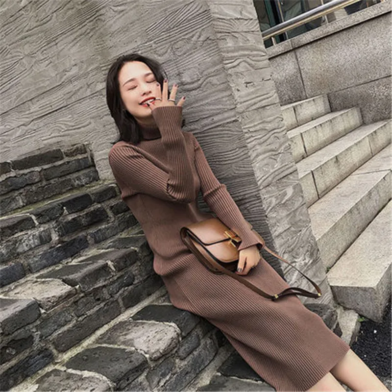 

2019 Autumn Winter Women's New Long-sleeved Knit Dress Fashion Womens Clothing High-necked Long slim Sweater Pullover N889