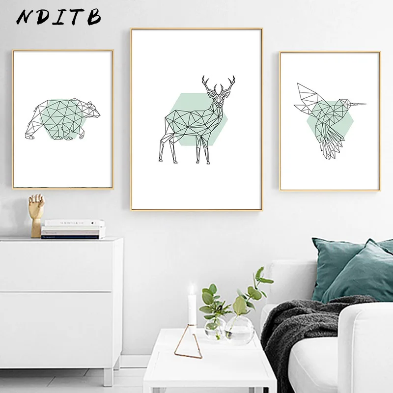 

NDITB Woodland Animal Bear Deer Wall Art Canvas Poster Minimalist Print Geometry Abstract Painting Picture Modern Home Decor