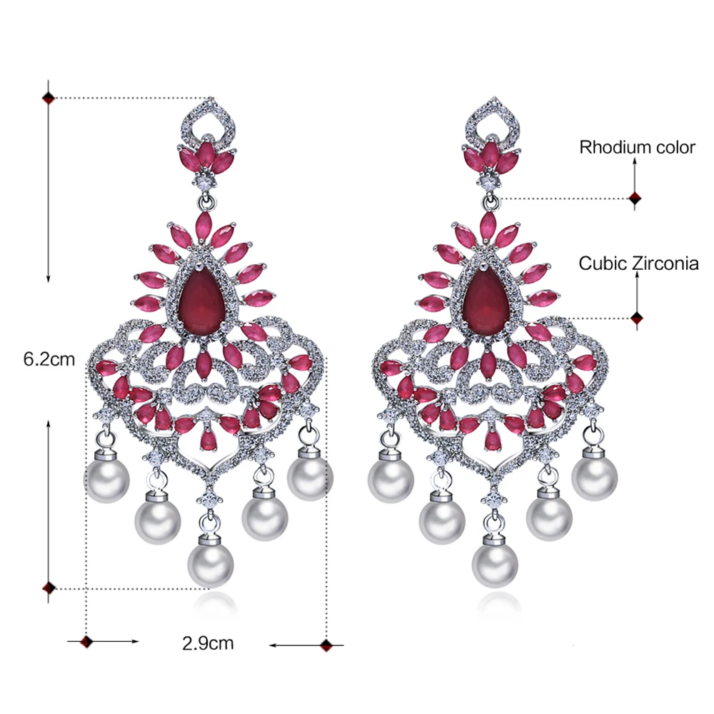 Вид большая жемчужина серьги Красный Кристалл очаровательные ювелирные изделия женские вечерние аксессуары роскошные большие висячие серьги