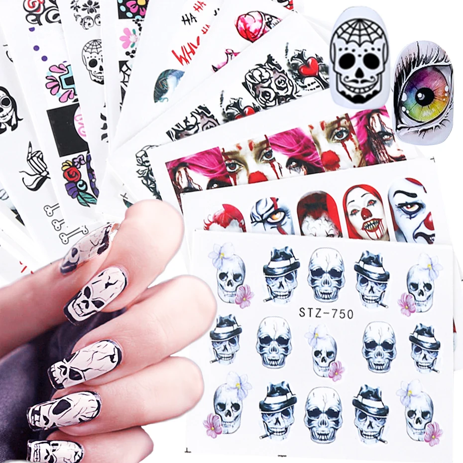 

24Pcs Ghost Halloween Nail Stickers Skull Bone Red Lips Nail Art Water Transfer Decals Festival Supplies Manicure LESTZ731-755-1