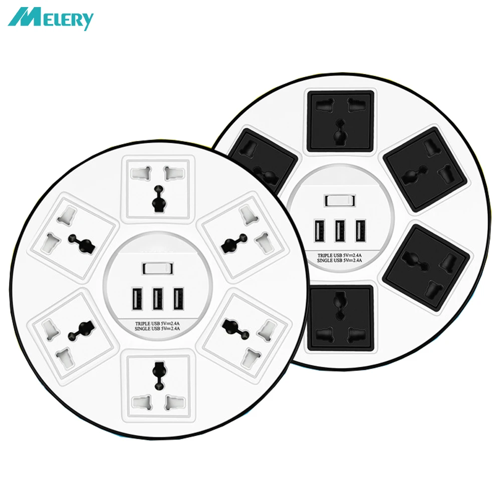 

USB Power Strip Surge Protection 6 AC Universal Socket UFO Shape 2500W/10A Multifunction Outlet with USB 1.8m/5ft Extension Cord