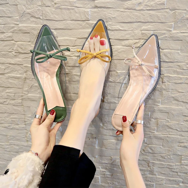 

Summer women pointed open toe sandals butterfly knot transparent slippers slip-on thin high heels beach shoes square heel female