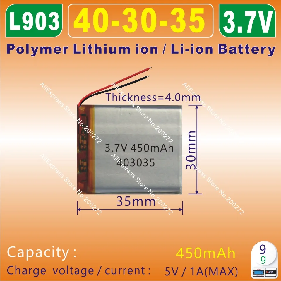

4pcs [L903] 3.7V,450mAH,[403035] PLIB;polymer lithium ion / Li-ion battery for smart watch,BLUE TOOTH,mp3,mp4,speaker,toy,GPS