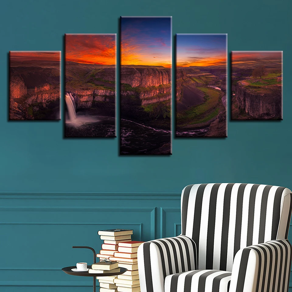 

Decor Bedroom Wall Art HD Printing Pictures Framework 5 Pieces Waterfall Sunset Natural Landscape Canvas Painting Modular Poster