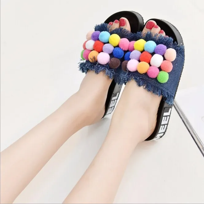 PomPom Sandal Лето г. шлепанцы женские босоножки с кисточками; обувь с маленькими пушистыми помпончиками для флип-флоп в ковбойском стиле обувь на платформе z120