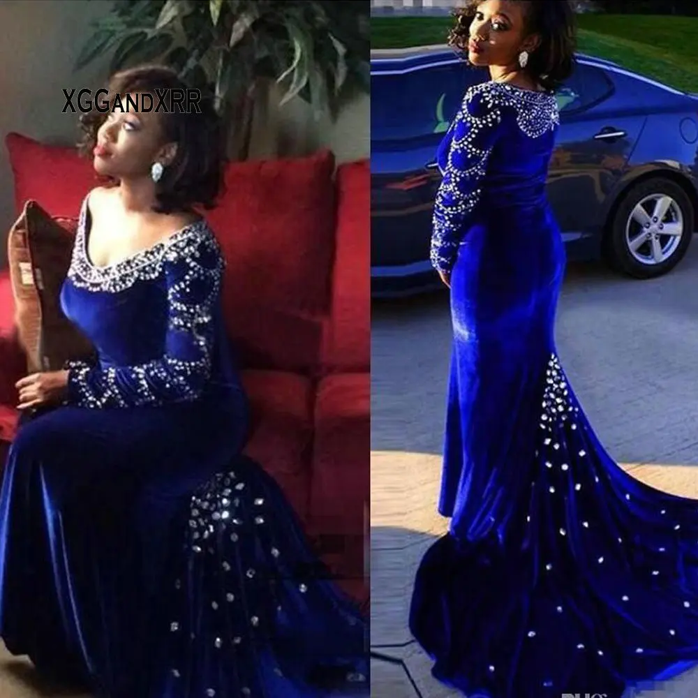 

2018 Charming Royal Blue Crystal Mermaid Prom Dresses Long Sleeves Appliques Beaded Sweep Train Zipper Back Evening Gowns