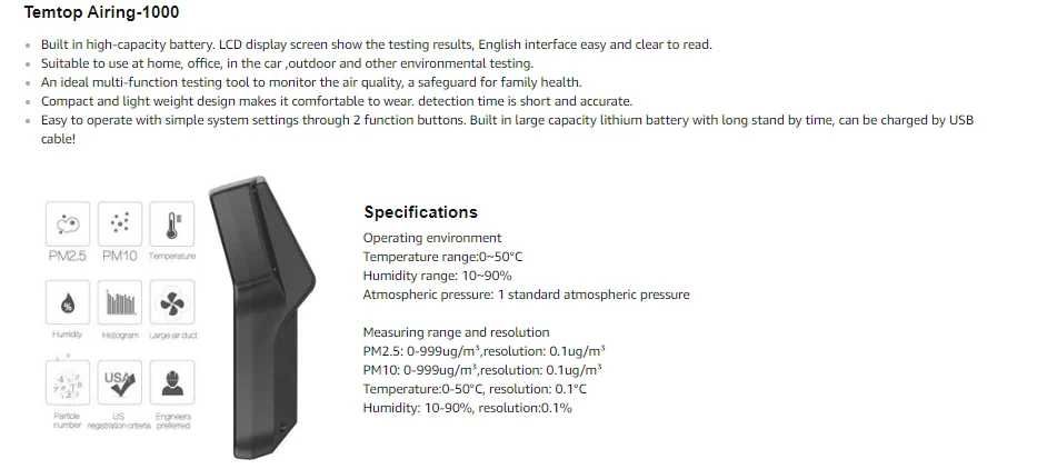 Temtop Проветривание-1000 монитор качества воздуха в реальном времени дисплей высокая точность PM2.5/PM10 детектор