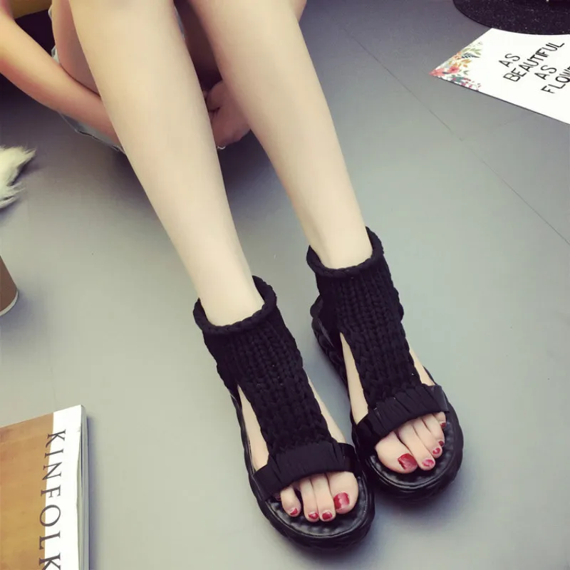 JINBEILEE Women's Cool Boots Hand-knitted Wool Flat with Candy Color Female Sandals Muffin with Casual Shoes