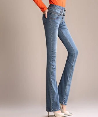 Хлопковые расклешенные брюки для женщин повседневные джинсы из денима плюс размер осень весна Высокая талия полная длина для похудения пояса kpro604 - Цвет: b3