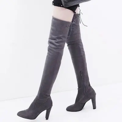 

Ladies Autumn/Spring Shoes Square High Heel Women Over The Knee Boots Scrub Black Woman Motorcycle Elastic prom Boots Size 34-43