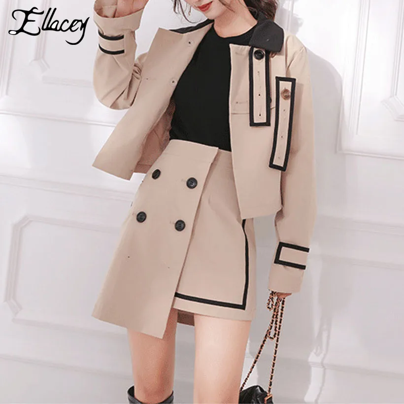 Buy Ellacey New Autumn 2018 Fashion Jacket 2 Pieces Set Women Skirt Suit Khaki