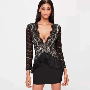 

Special Women Dress V Neck Lace Long Sleeve Tessel Cute Bandage Dress