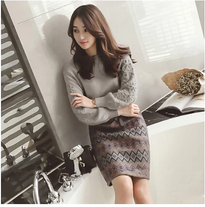 Baratos SMTHMA mujeres invierno coreano bordado tejer suéter + dos piezas Tweed lana 2 piezas falda de impresión geométrica conjunto