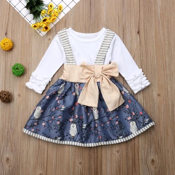 

Fashion Newborn Kids Baby Girl Solid Cotton Top T-shirt+Suspender Owl Floral Skirt Outfits Clothes Casual Bow Cotton Clothing