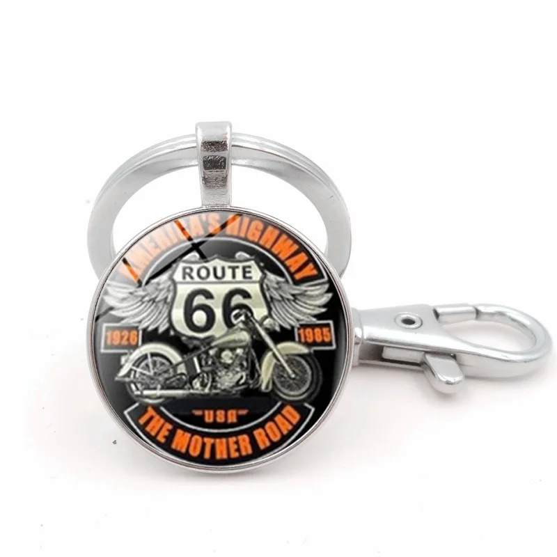 

USA Route 66 Route Signs Glass Cabochon Pendant Keychain Silver Metal Jewelry Accessories Car Keychain Keyring Men Gifts