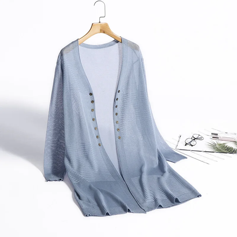 

Summer New Women's V-Neck Long Cardigan Fashion Ice Silk Linen Shawl Double Breasted Loose Air Conditioning Sun Protection Shirt