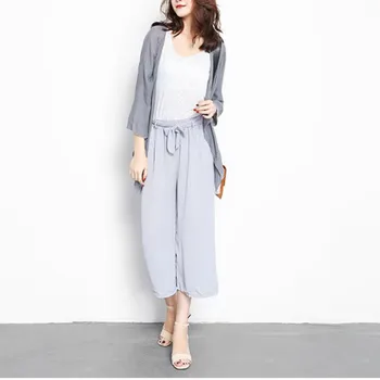 

High Waist Wide Leg Pants Bow Tie Drawstring Sweet Elastic Waist Women Chiffon Loose Ankle-length Pants Trousers Pantalones