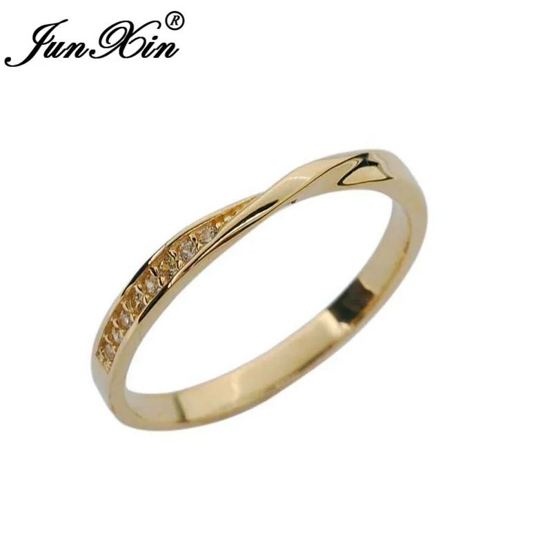 JUNXIN нежный тонкие кольца для женщин желтое золото заполнены укладки минималистский обручальное кольцо маленький белый кристалл кольц