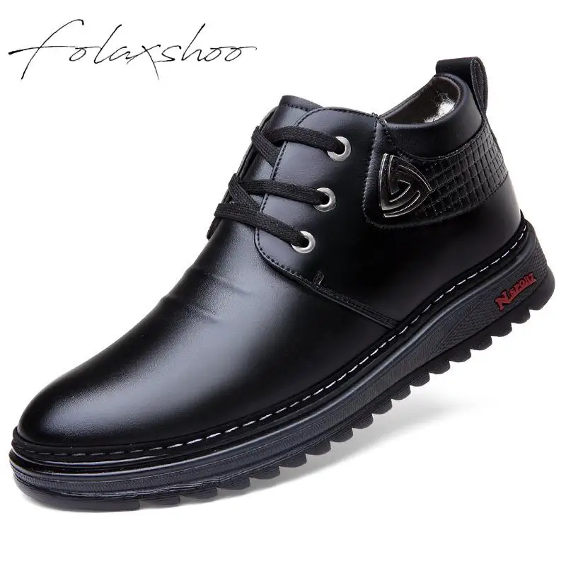 

Folaxshoo New Men Leather Shoes Fashion Winter Warm Ankle Boots Antiskid Breathable Lace-up Casual Mens Shoes Cotton Footwear