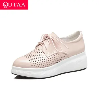 

QUTAA 2019 Women Shoes Platform Cut Outs Breathable Wedges Heel Pointed Toe Cow Leather Lace Up Spring Ladies Sneakers Size34-39