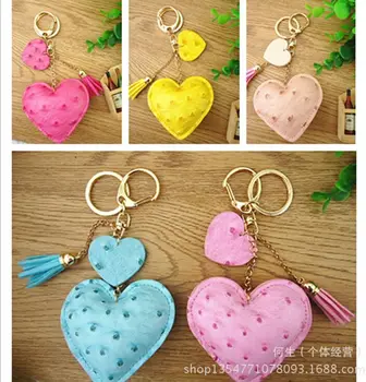 

FREE shipping by FEDEX 100pcs/lot Good Quality PU Leather Ostrich Grain Heart Keychains with Tassel Keyrings for Women Gifts