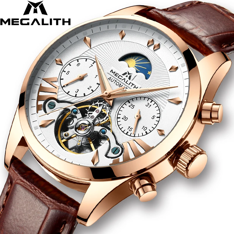 

MEGALITH Men's Automatic Mechanical Watches Brown Leather Casual Business Watches Men Sport Waterproof Wristwatch Relojes Hombre