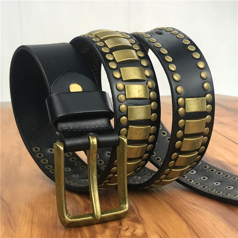 

Gold Rivet Metal Leather Belt Jeans Studded Men's Belt Ceinture Homme Punk Western Men Belt Riem Male Strap Rock MBT0586