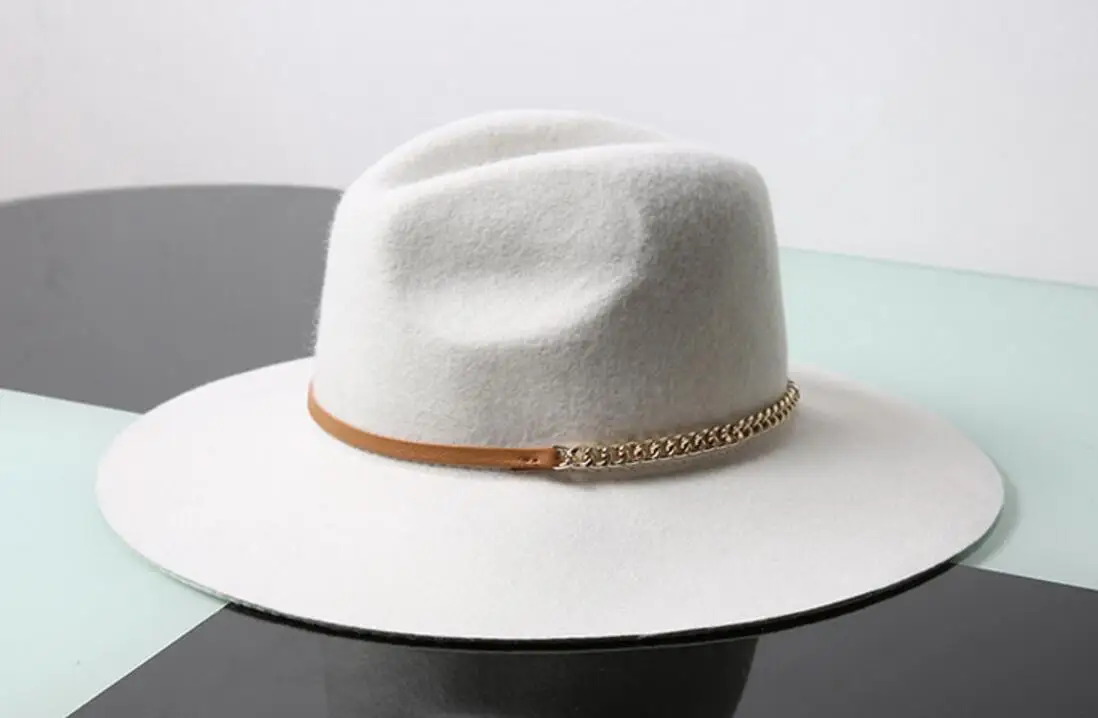 6pcs/lot Women White Floppy Brim Pure Wool Fedora Hat PU Ribbon and