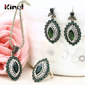 

Kinel Luxury Indian Jewelry Set Green Crystal Flower Statement Necklace Earring Lozenge Ring Fashion Rhinestone Wedding Jewelry