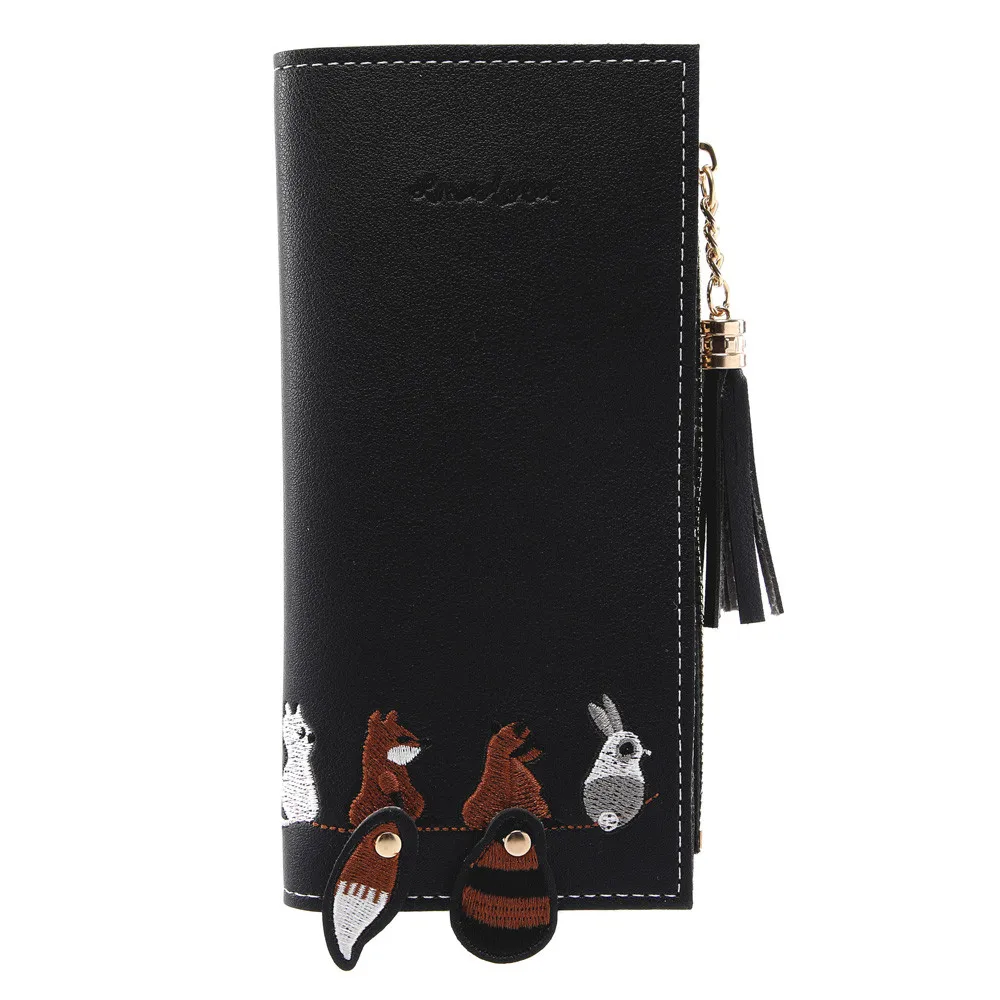 Женский длинный кошелек с лисой кошкой, кожаный женский кошелек с кисточками, портмоне, держатель для карт, сумочка, посылка, Carteira Feminina# BL5