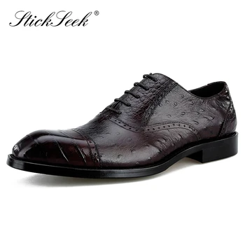 

New Arrival Genuine Leather Formal Dress Semi Brogue Shoes Square Toe Ostrich Pattern Men's Retro Banquet Office Oxfords SK294