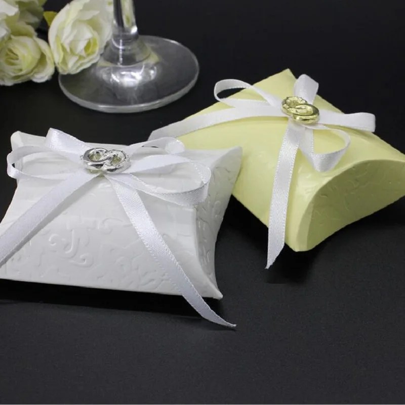 Golden,White Printing Paper Pillow Favor Gift Box Candy Boxes  Paper Gift Box Bag Wedding Party Supply With Rosette Baby Showert