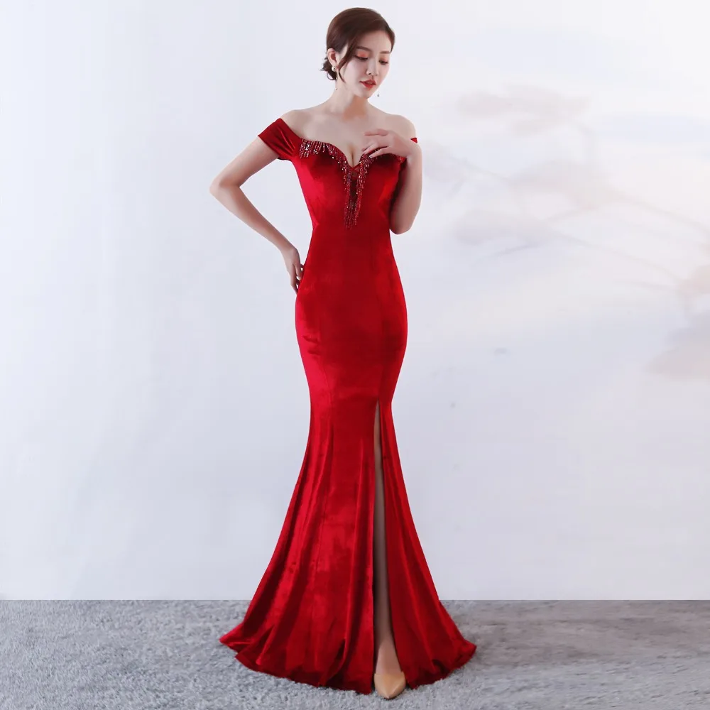 Бархатное платье женское элегантное сексуальное платье с аппликацией винно-красного цвета с открытыми плечами с v-образным вырезом длинное платье с разрезом для клубной вечеринки vestidos