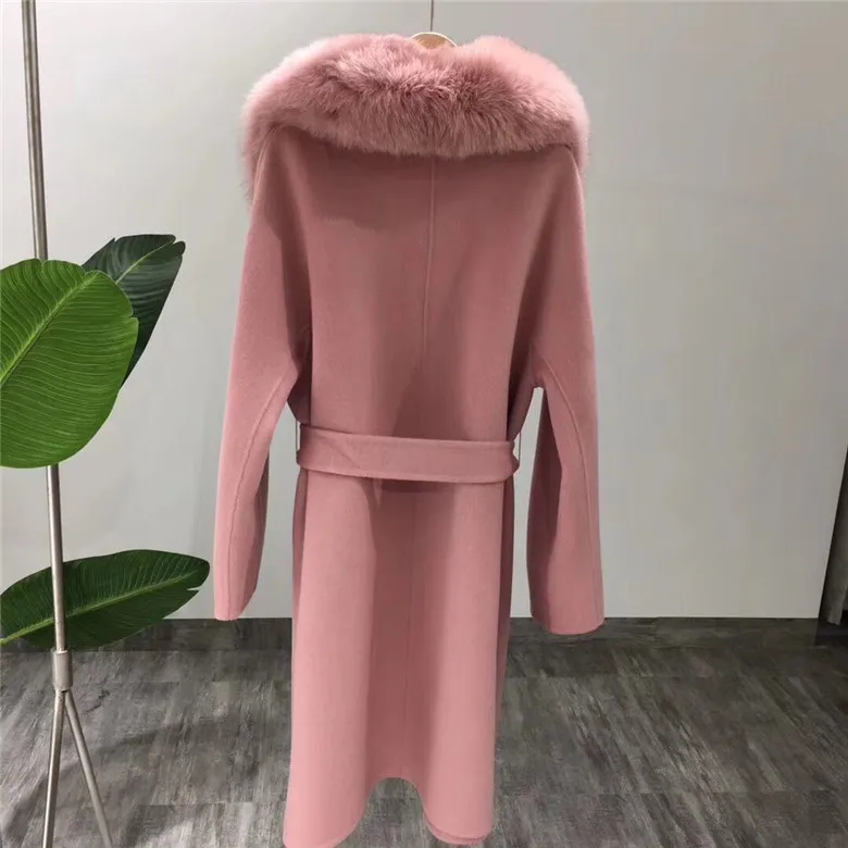 Korea style female x-long loose wool trench coat with real fox fur collar soft double-side wool outwear with belt for women