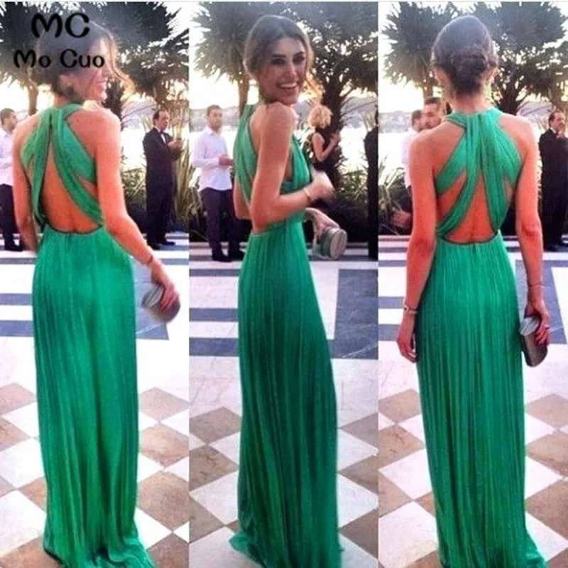 

Abendkleider 2021 Green Evening Dresses Long Draped Floor Length Chiffon Backless Prom Dresses Formal Evening Party Dress
