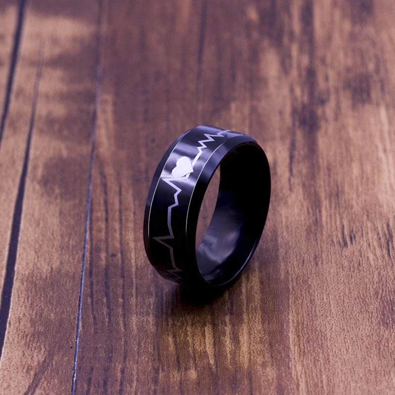 Модная Горячая пара креативного ЭКГ дизайна сердцебиение титановые стальные кольца классические черные титановые Свадебные кольца ювелирные изделия