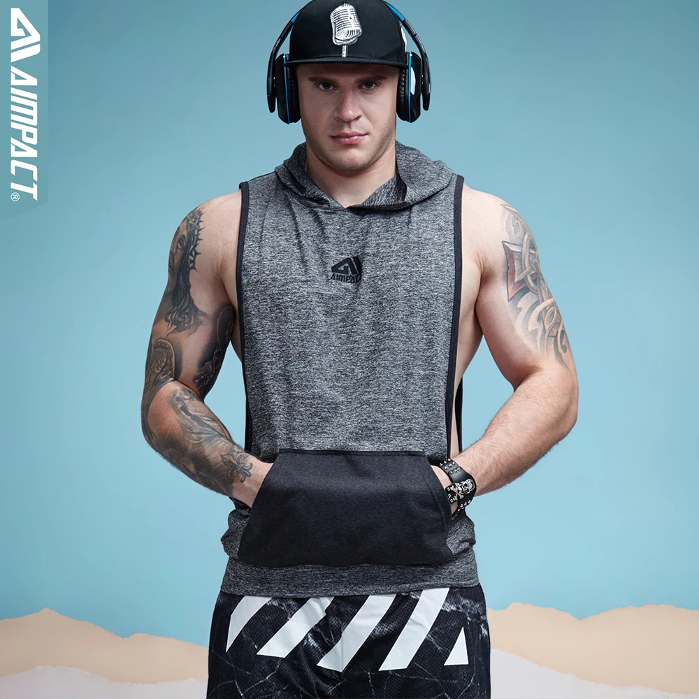 Aimpact Men's Tank Top Hoodie Fitness Bodybuilding Muscle Cut Stringer Tee Crossfit Workout Top Activewear Singlets Male 2AM1008--