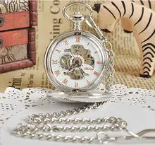 Newest Fashion Retro Skeleton Dial Mens Antique Steampunk Mechanical Pendant Pocket Watch+Chain Silver