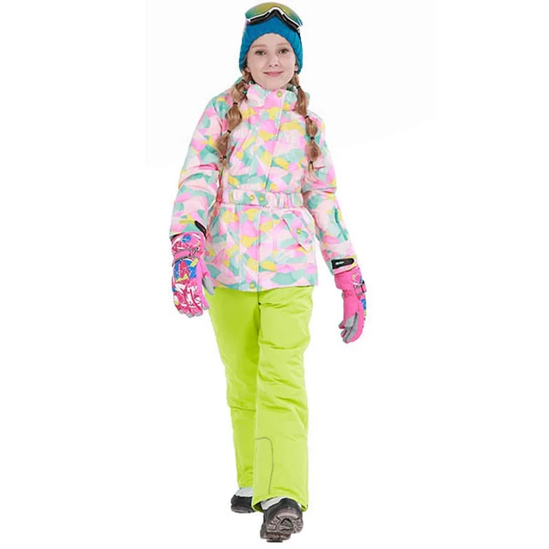 Комплект зимней верхней одежды для детей, ветрозащитная лыжная куртка+ штаны, детские зимние комплекты, теплый лыжный костюм для мальчиков и девочек - Цвет: Fluorescent Yellow