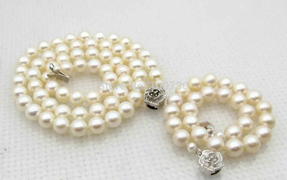 

Jewelry 00742 7mm White Pearl Jewelry Set Necklace 18" Bracelet 7.5" 925 Silver Flower Clasp (A0423)