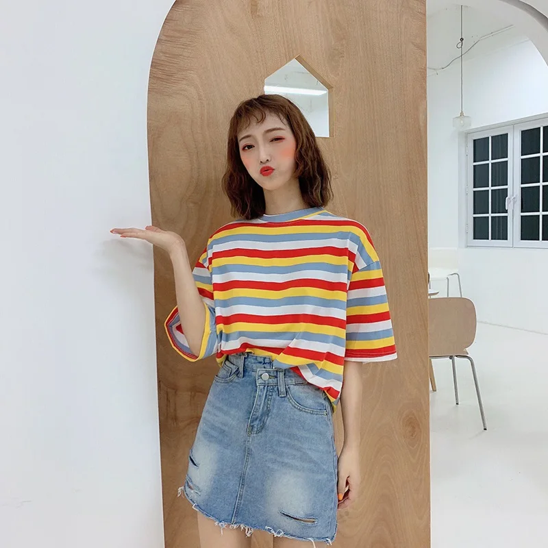 

Summer Casual T Shirt Short Sleeve O-Neck Striped Long Tee Shirt Women's Fashion T-shirt